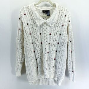 Vintage Liz Claiborne White Floral Embroidered Pointelle Knit Collared Sweater